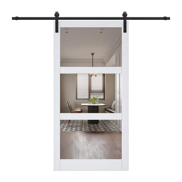 ARK DESIGN 42 in. x 84 in. 3-Lite Mirrored Glass White Finished Composite MDF Barn Door Slab with Hardware Kit