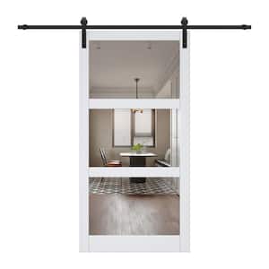42 in. x 84 in. 3-Lite Mirrored Glass White Finished Solid Core MDF Barn Door Slab with Barn Door Hardware Kit