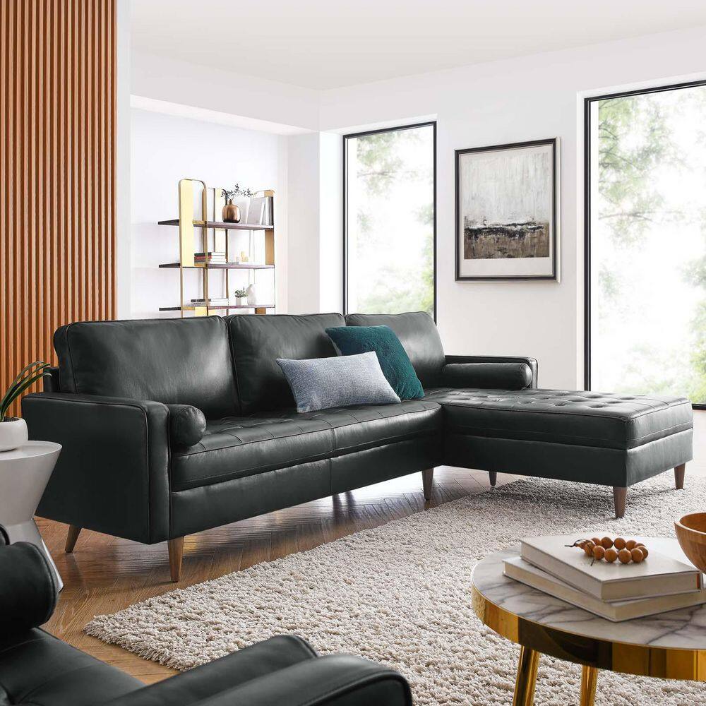 Valour Black Tufted Faux Leather Sectional Sofa with Wood Legs
