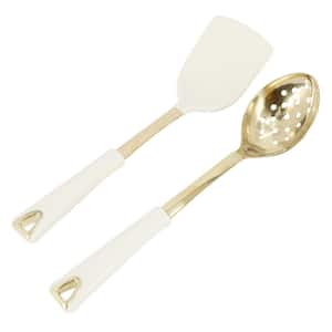 Lockton 2 Piece Stainless Steel Turner and Slotted Spoon Kitchen Tool Set in Linen w/ Gold