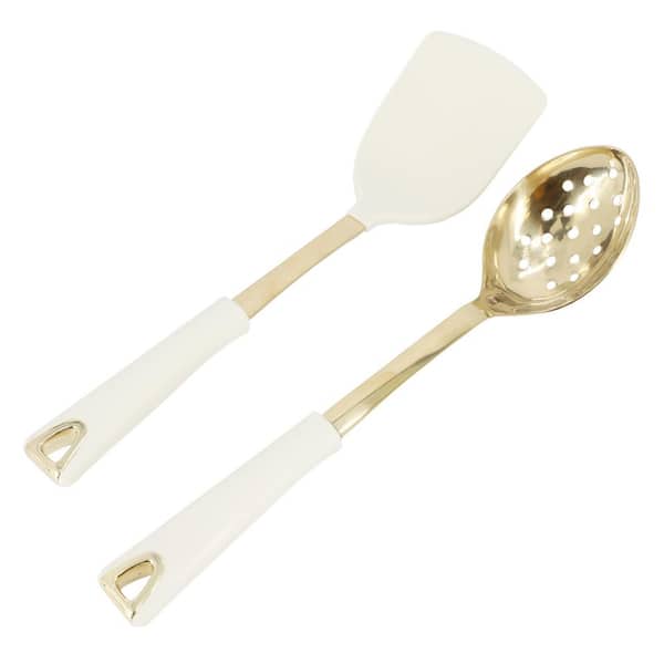 Martha Stewart Lockton 2 Piece Stainless Steel Turner and Slotted Spoon Kitchen Tool Set in Linen w/ Gold