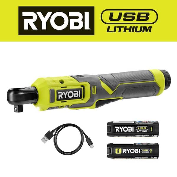 RYOBI USB Lithium 3/8 in. Ratchet Kit with 2.0 Ah Battery, Charging Cable, & USB Lithium 3.0 Ah Battery