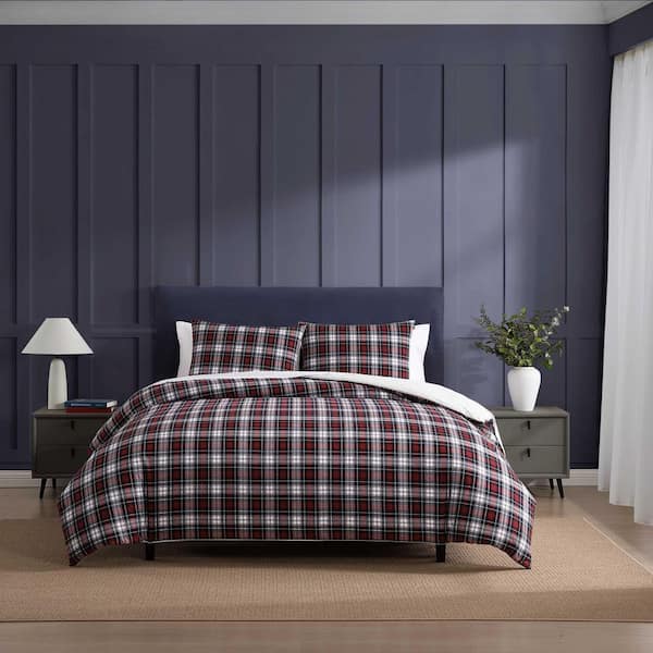 Essential Tartan 3-Piece White/Red/Navy Blue Plain Weave Cotton Full/Queen Duvet Cover Set