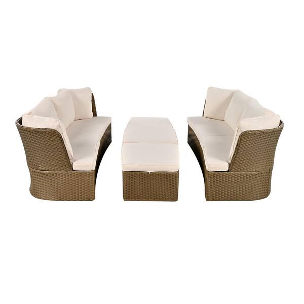 Unbranded 5-Piece Wicker Outdoor Sectional Set, Patio Wicker Furniture Sofa Set with Thick Beige Cushions for Backyard, Porch
