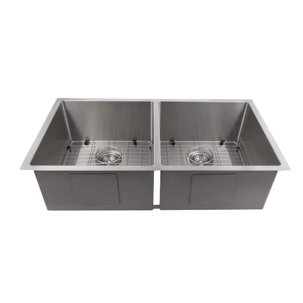 Serene Valley Stainless Steel 36 in. Double Bowl Drop-In or Undermount Kitchen Sink with Thin Divider, Silver