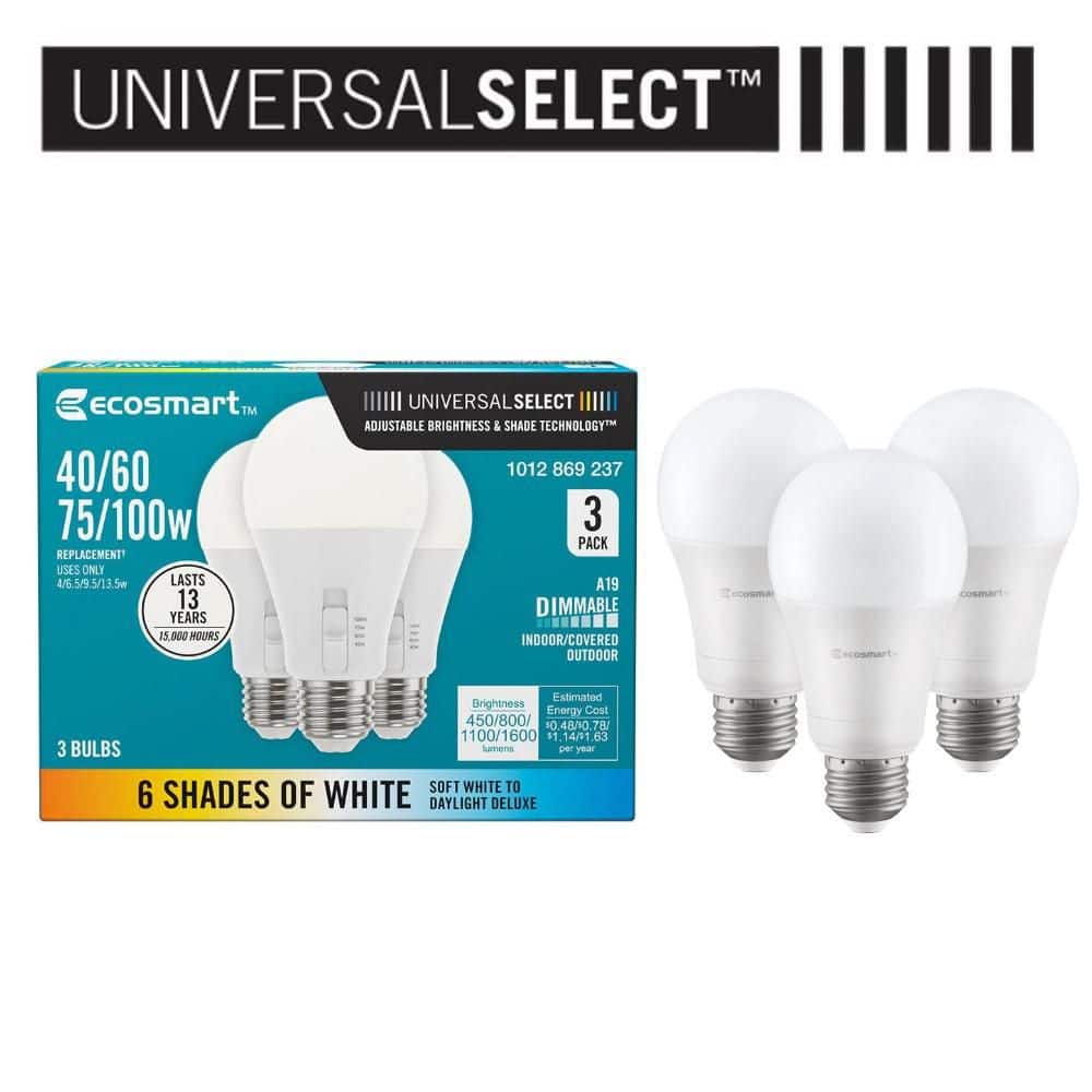 Universal Select 40/60/75/100-Watt Equivalent A19 Dimmable LED Light Bulb with Selectable Color Temperature (3-Pack)