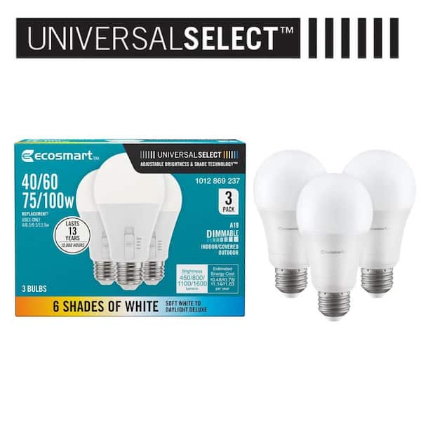 Universal Select 40/60/75/100-Watt Equivalent A19 Dimmable LED Light Bulb with Selectable Color Temperature (3-Pack)