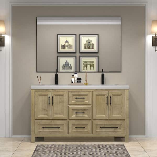 BV Better Vanity VIV 59 in. W x 20 in. D x 35 in. H Double Sink Freestanding Bath Vanity in Teak Oak with White Acrylic Top