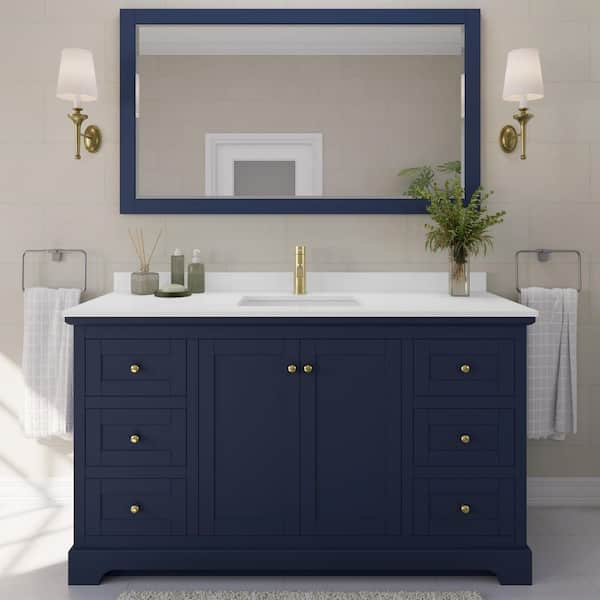 Wyndham Collection Avery 60in.Wx22 in.D Single Vanity in Dark Blue with Cultured Marble Vanity Top in White with White Basin