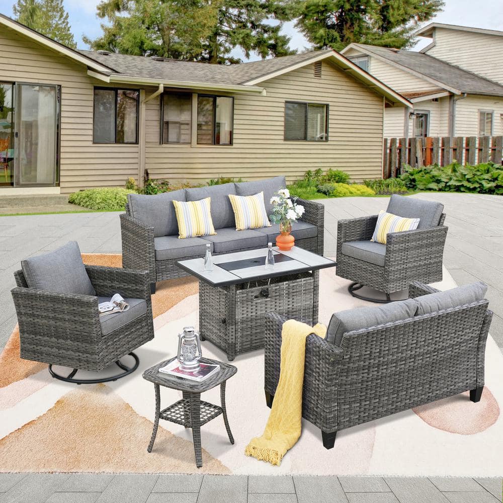 Hyperion 6-Pcs Wicker Patio Rectangular Fire Pit Set and with Dark Gray Cushions and Swivel Rocking Chairs price history on PriceWatchPro