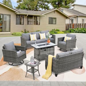 Hyperion 6-Pcs Wicker Patio Rectangular Fire Pit Set and with Dark Gray Cushions and Swivel Rocking Chairs