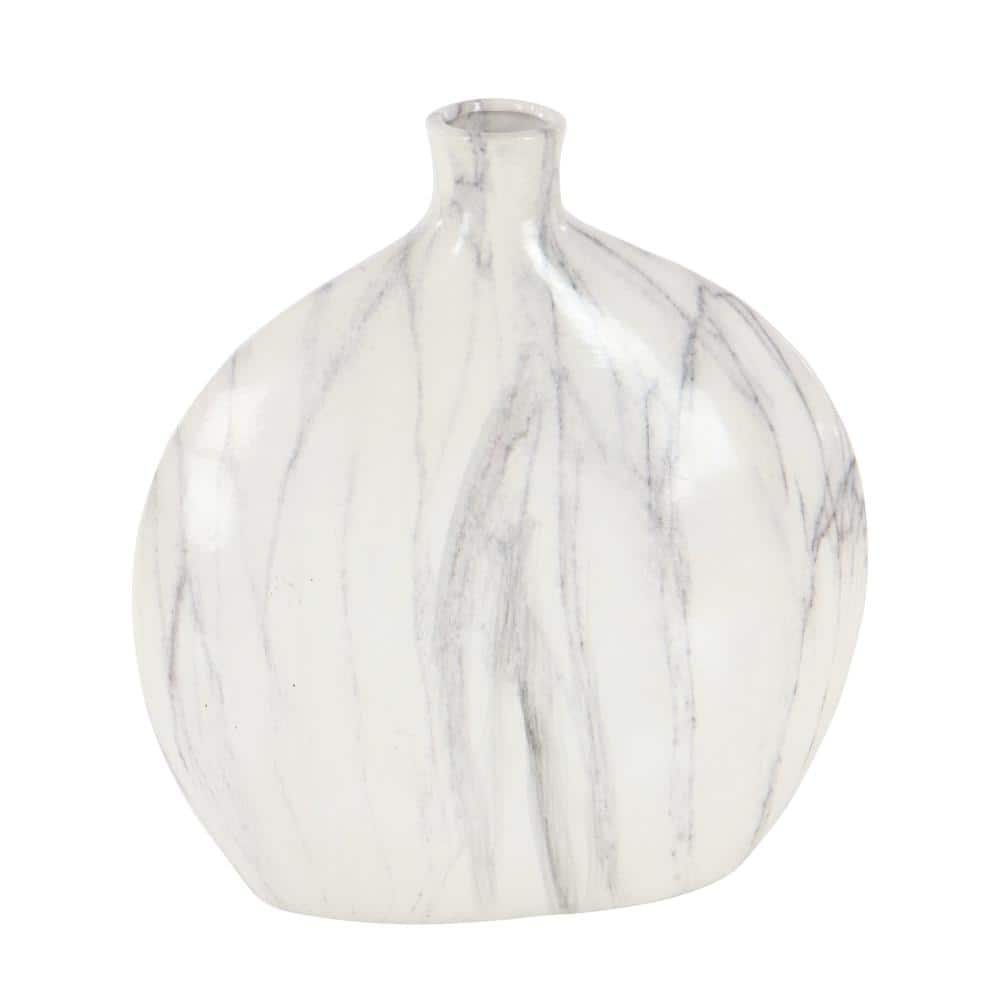 Set of Three Marble-Finish Ceramic Bottle Vases in Gray and White