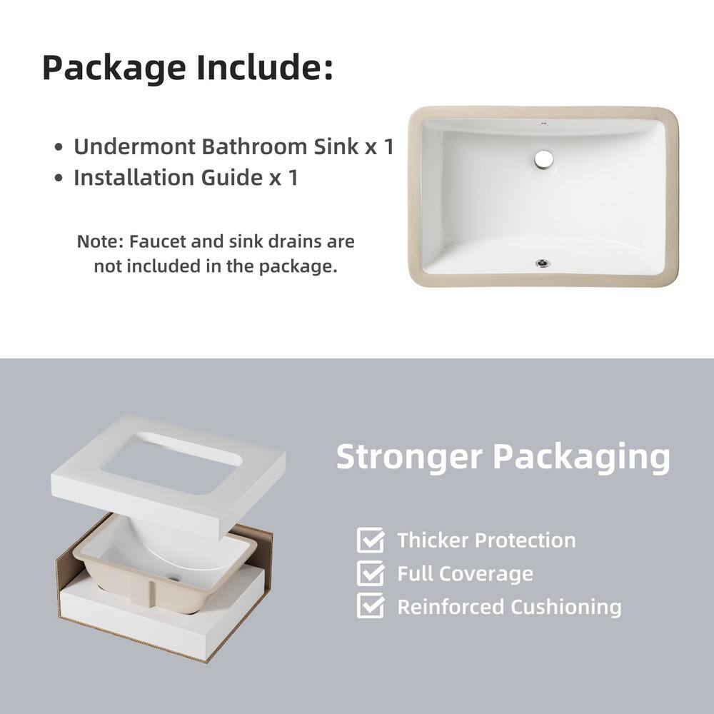 21" White Glossy Ceramic Rectangular Undermount Bathroom Sink
