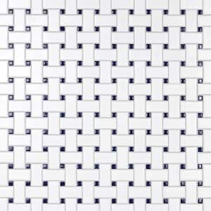 Metro Basketweave White with Glossy Cobalt Dot 11-3/4 in. x 11-3/4 in. Porcelain Mosaic Tile (9.8 sq. ft./Case)