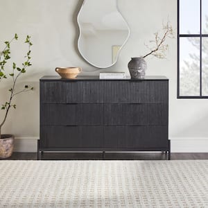 Mid-Century Modern Black 6-Drawer 56 in. W Dresser with Reeded Front