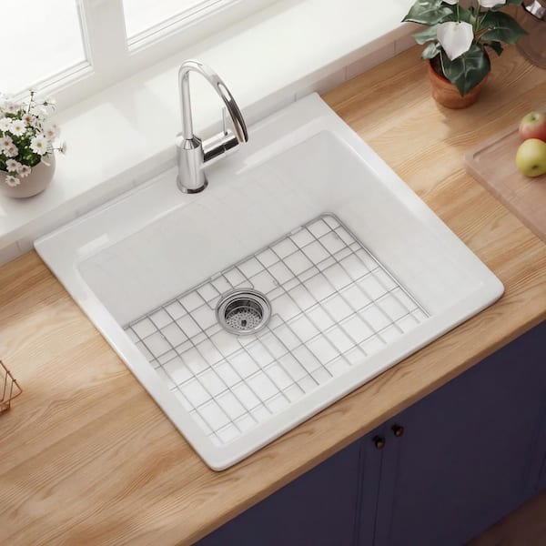 Kitchen Sink 24 in. Drop in Single Bowl White Fireclay Kitchen 1-Faucet Hole and Bottom Grid with Strainer