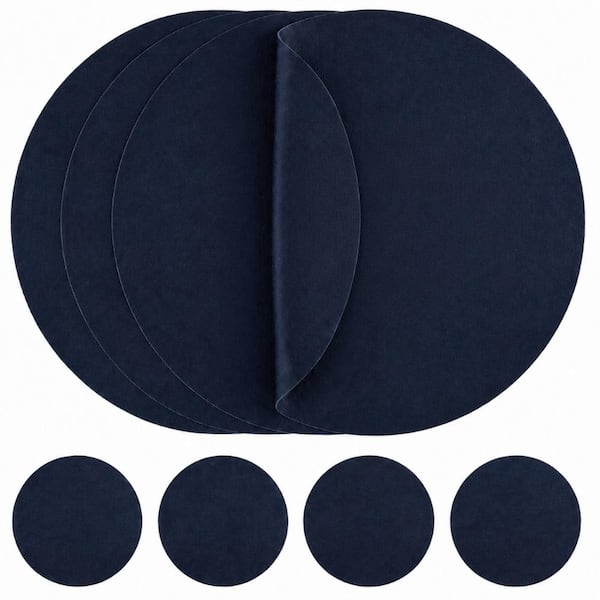 13 in. x 13 in. Navy Blue Faux Leather Round Placemats and Coasters, Washable Heat-Resistant Set of 4