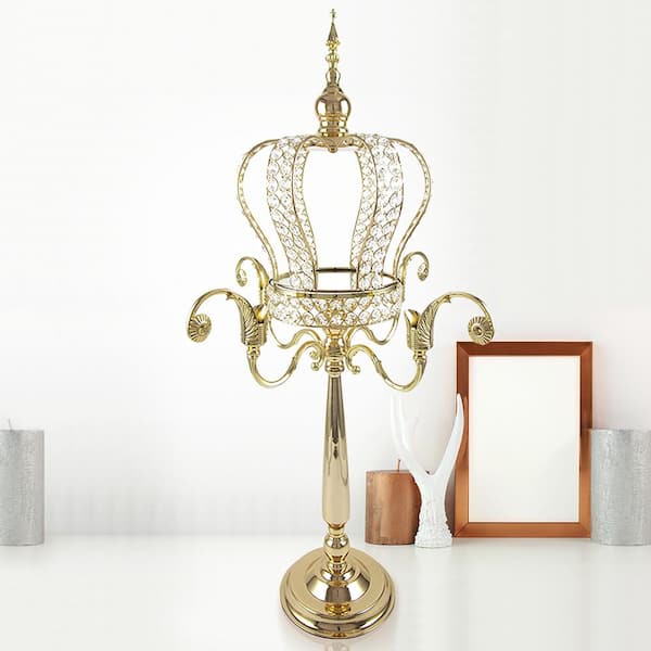 LIVING LUXURY Large Gold Table Decor Decorative Crown Crystal Accent Piece with Victorian Stand 35.25 in.