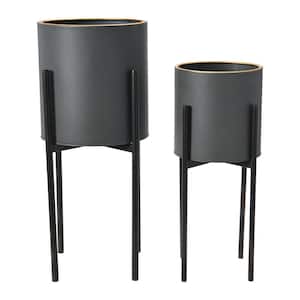 Round Charcoal Gray and Black Iron Floor Planters with Stands (2-Pack)
