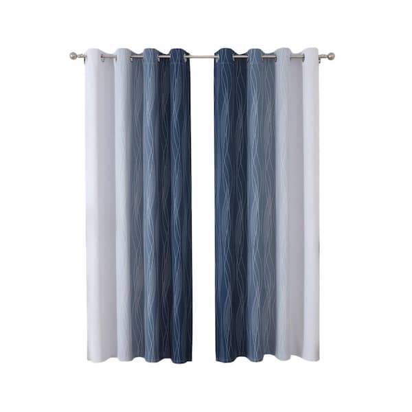 Navy Blue and Greyish White Polyester - 52 in. W x 84 in. L Ombre Blackout Curtains with Lining, Rod Pocket  (Set of 2)