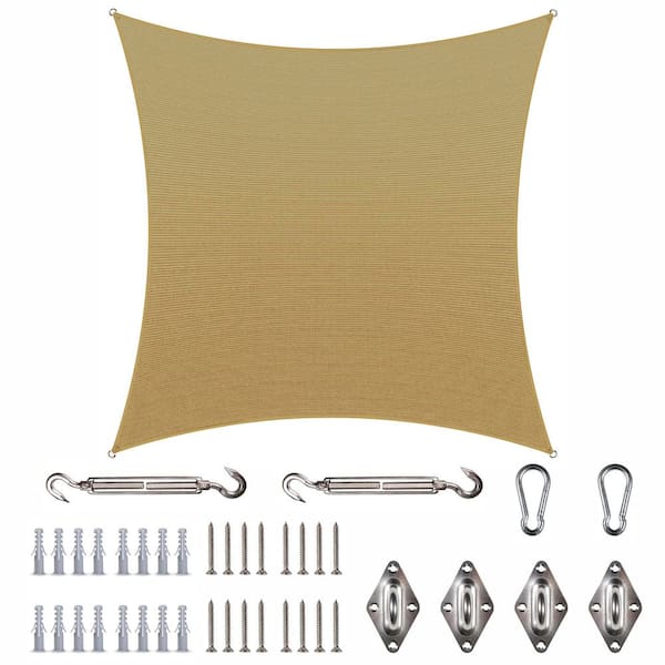 COLOURTREE 12 ft. x 12 ft. Sand Beige Beige Square Sun Shade Sail Canopy with Hardware Kit