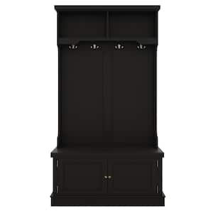 Black Hall Tree with Storage Shelves, Cabinet and 4 Hooks 4-in-1 Hallway Entryway Wooden Coat Rack with Storage Bench