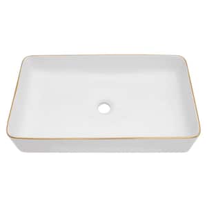 24 in. Rectangle White Ceramic Vessel Sink with Gold Rim Above Counter Bathroom Sink without Faucet