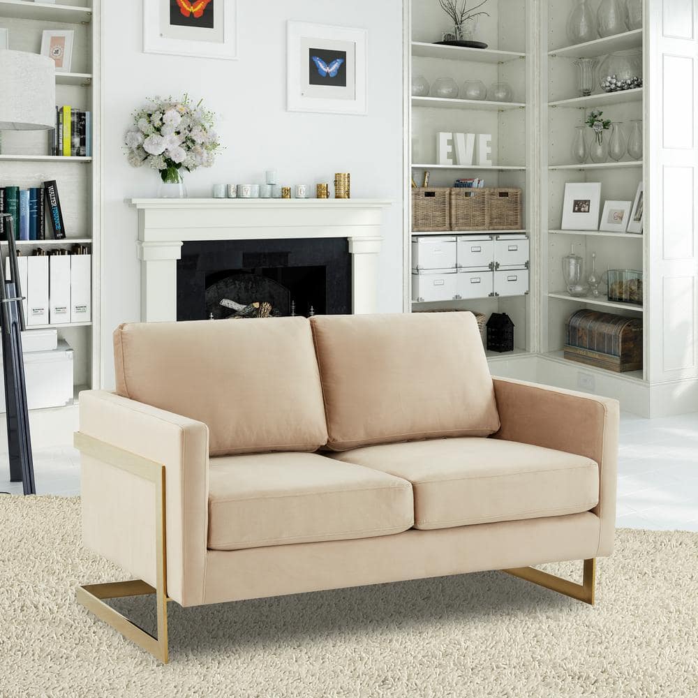 Elegant Beige Velvet Loveseat with Golden Solid Wood Frame