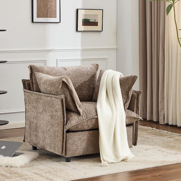 Khaki Chenille Arm Chair Accent Chair with Thin Arms For Living Room