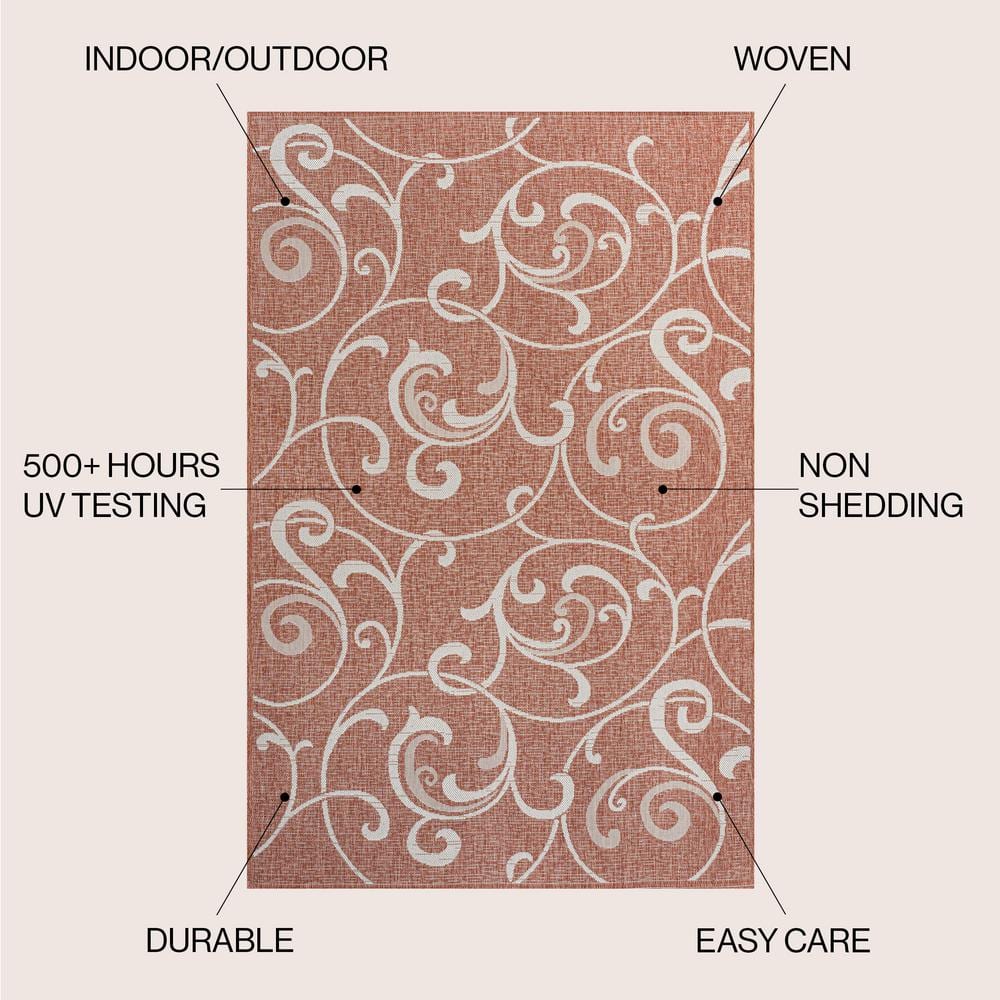 Salmon and Cream Reversible Synthetic Scroll Area Rug 5x8