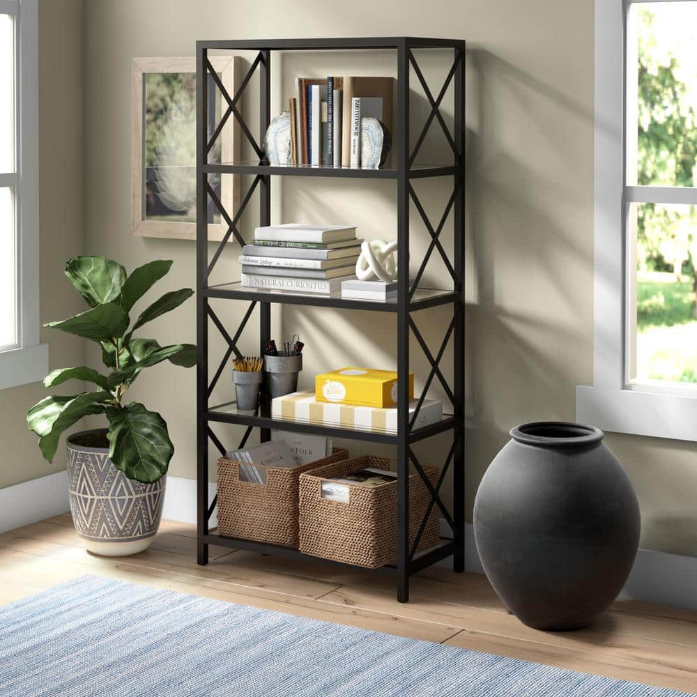 Modern Blackened Bronze 66" High Geometric 4-Tier Bookcase