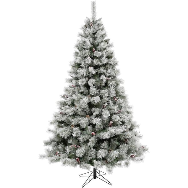 Fraser Hill Farm 6.5 ft. Homestead Pine Frosted Christmas Tree with Pinecones and Berries and Metal Stand