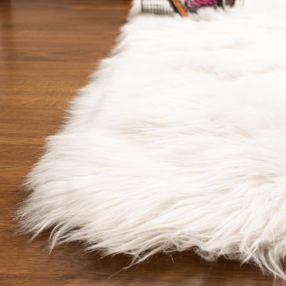 Ivory Rectangular Faux Fur Sheepskin Shag Rug