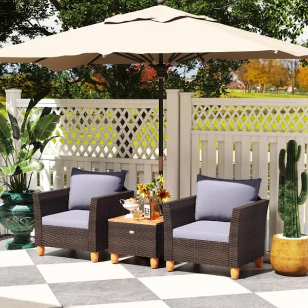 Kadehome 3 Piece Rattan Wicker Patio Conversation Set with Gray Cushions and Acacia Wood Coffee Table for Balcony Backyard Porch