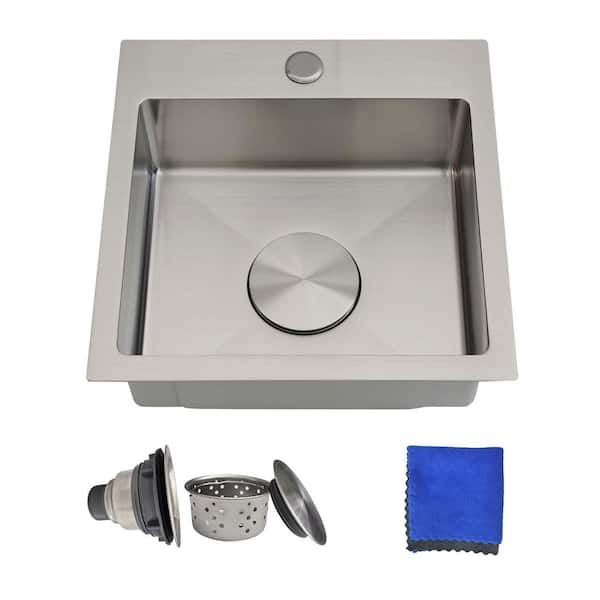 18 Gauge Stainless Steel 15 in. 1-Hole Drop In Bar Sink with Brushed Finish, Single Bowl Square Wet Bar for Outdoor