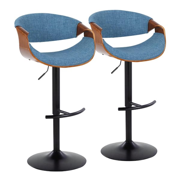 Lumisource Curvo 33.5 in. Blue Fabric, Walnut Wood and Black Metal Adjustable Bar Stool with Rounded T Footrest (Set of 2)