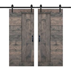 L Series 72 in. x 84 in. Smoky Gray Finished Solid Wood Double Sliding Barn Door with Hardware Kit