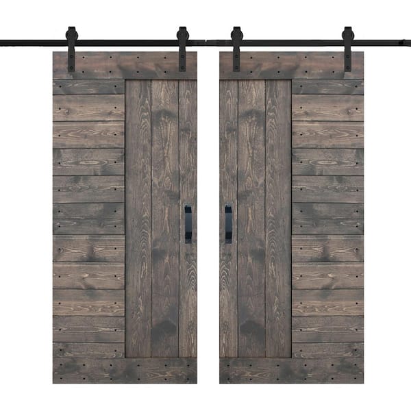 ISLIFE L Series 72 in. x 84 in. Smoky Gray Finished Solid Wood Double Sliding Barn Door with Hardware Kit
