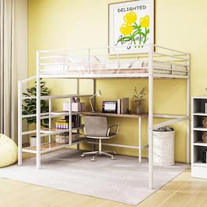 White Full Size Metal Loft Bed with Built-in Desk and Lateral Storage Staircase
