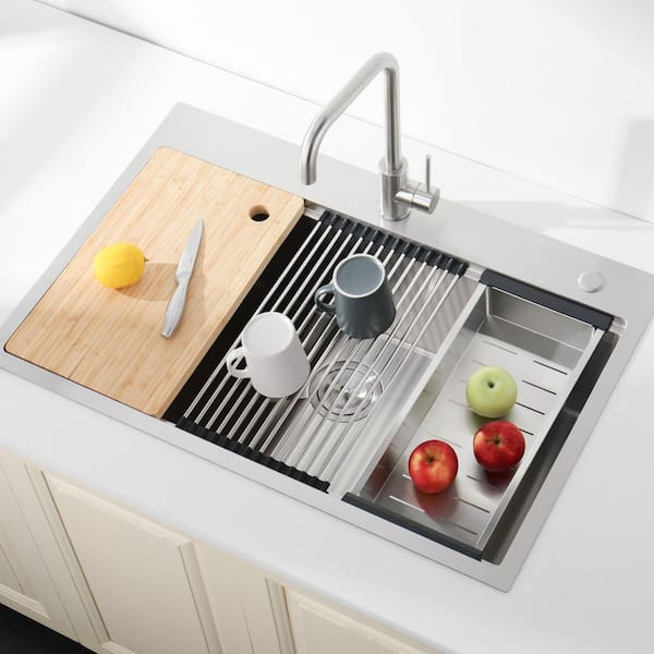30 in. x 22 in. Brushed Stainless Steel Single Bowl Drop-In Kitchen Sink with Cutting Board and Colander
