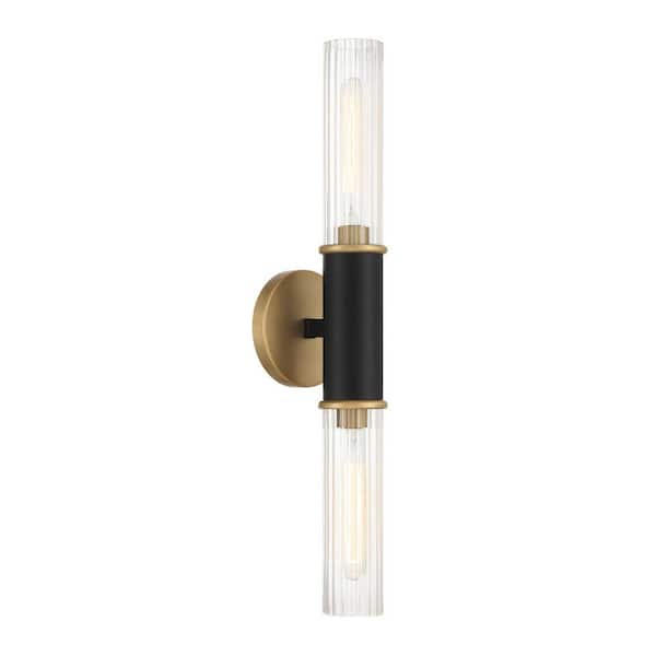 Stamford 2-Light Matte Black and Legacy Brass Wall Sconce with Clear Ribbed Glass Shades