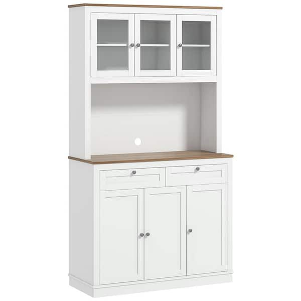 71 in. H White Wood Pantry Organizer with Hutch, 2-Drawers, 5-Doors, Adjustable Shelves and Glass Doors