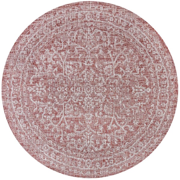 Red/Taupe 5 ft. Round Malta Bohemian Medallion Textured Weave Indoor/Outdoor Area Rug