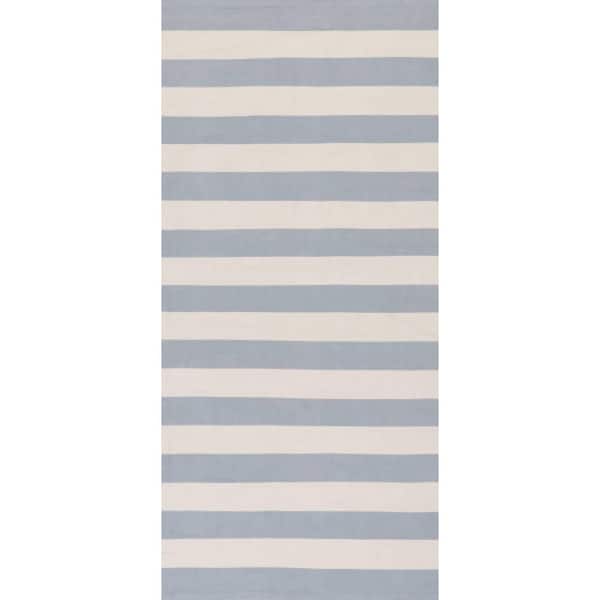 3 ft. x 8 ft. Blue Banks Stripe Handwoven Swedish Outdoor Runner Rug