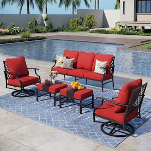 Black 5-Piece Metal Meshed 7-Seat Outdoor Patio Conversation Set with Red Cushions 2 Swivel Chairs and 2 Ottomans