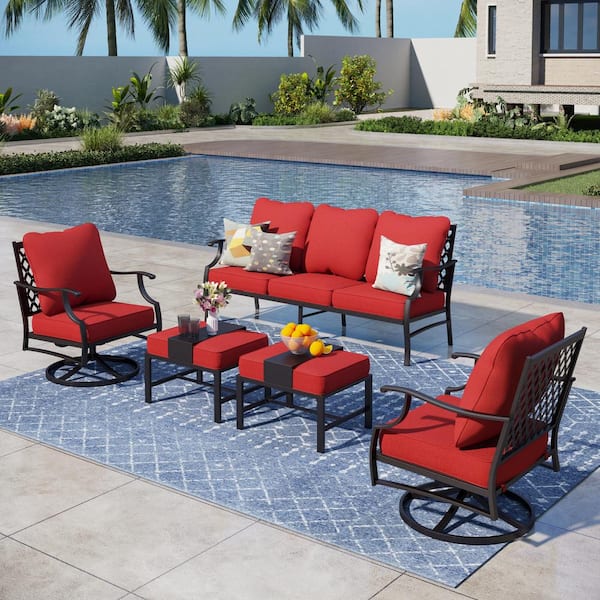 PHI VILLA Black 5-Piece Metal Meshed 7-Seat Outdoor Patio Conversation Set with Red Cushions 2 Swivel Chairs and 2 Ottomans