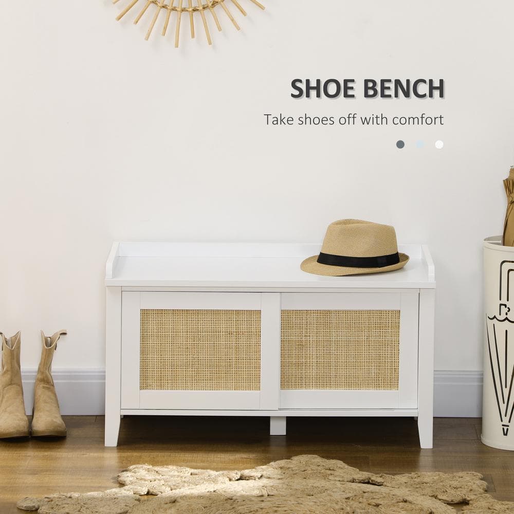 White Pine Wood Shoe Storage Bench with Rattan Sliding Doors