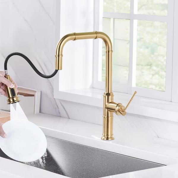 Single Handle Pull Down Sprayer Kitchen Faucet with 3-Water Modes in Gold