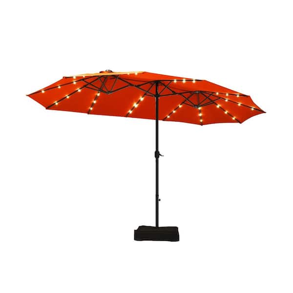 ANGELES HOME 15 ft. Steel Market Solar LED Double-Sided Patio Umbrella with Weight Base in Orange