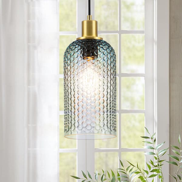 Rayhome 9.64 in. 1-Light Modern Coastal Cylinder Gradient Blue Honeycomb Hammered Glass Pendant Light for KitchenIsland